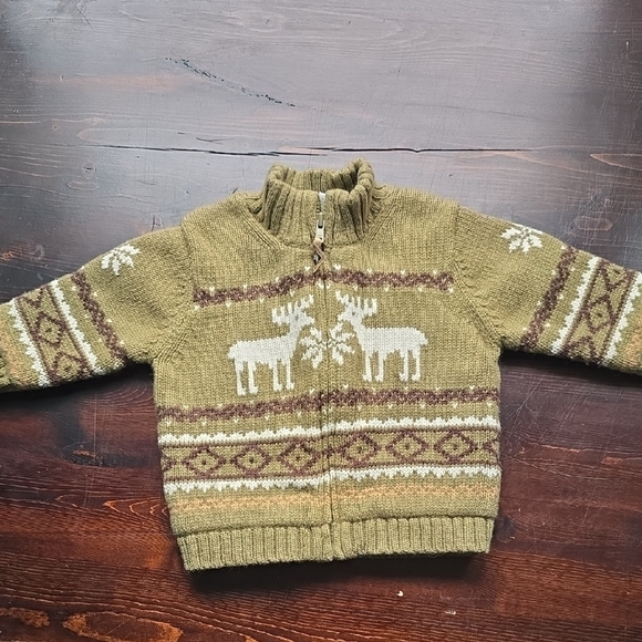 Janie And Jack Green and Brown Nordic Deer Pattern Wool Jacket - Picture 1 of 4